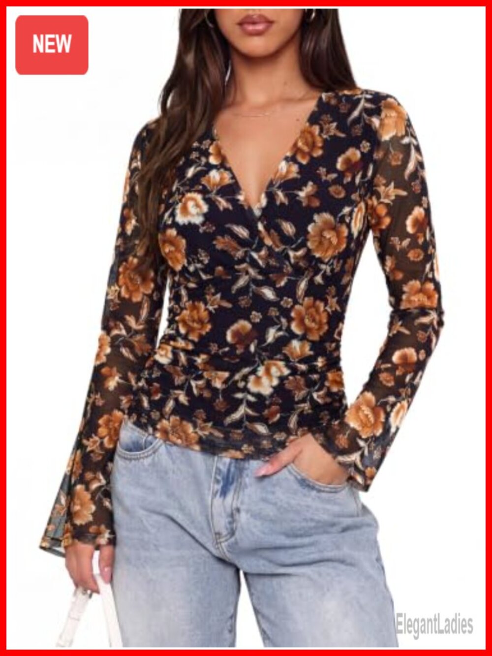 Bluetime Women's Floral Mesh Wrap Top Long Sleeve Ruched Blouse
